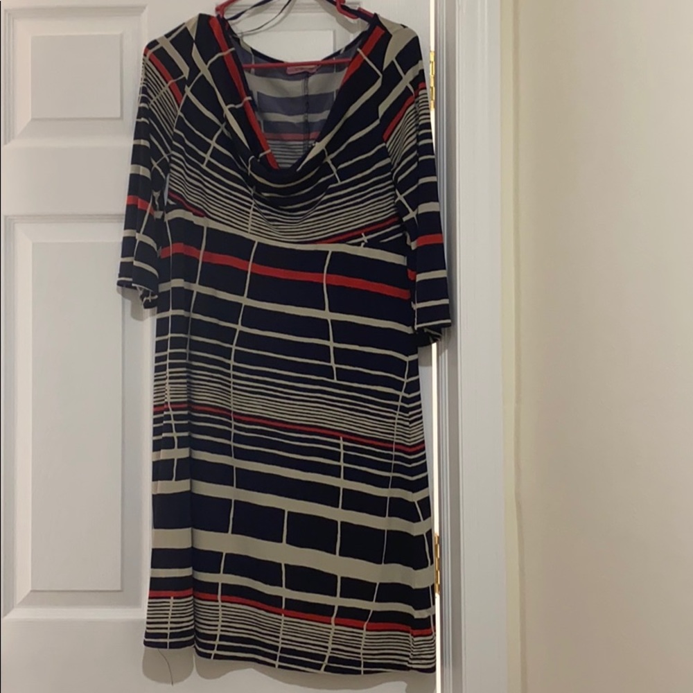 NAVY BLUE, RED AND TAN DRESS (Size 12)